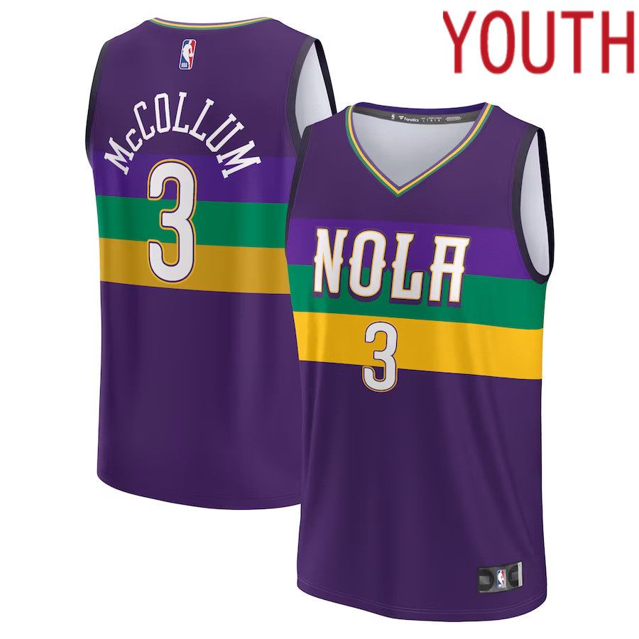 Youth New Orleans Pelicans 3 CJ McCollum Fanatics Branded Purple City Edition Fastbreak NBA Jersey